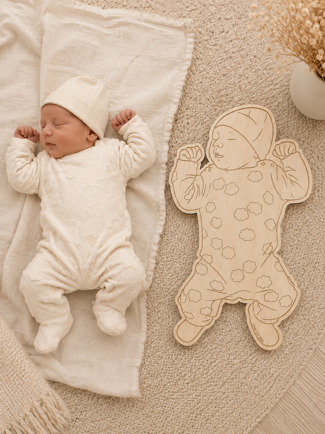Babyfoto op Ware Grootte – Gepersonaliseerde Houten Herinnering